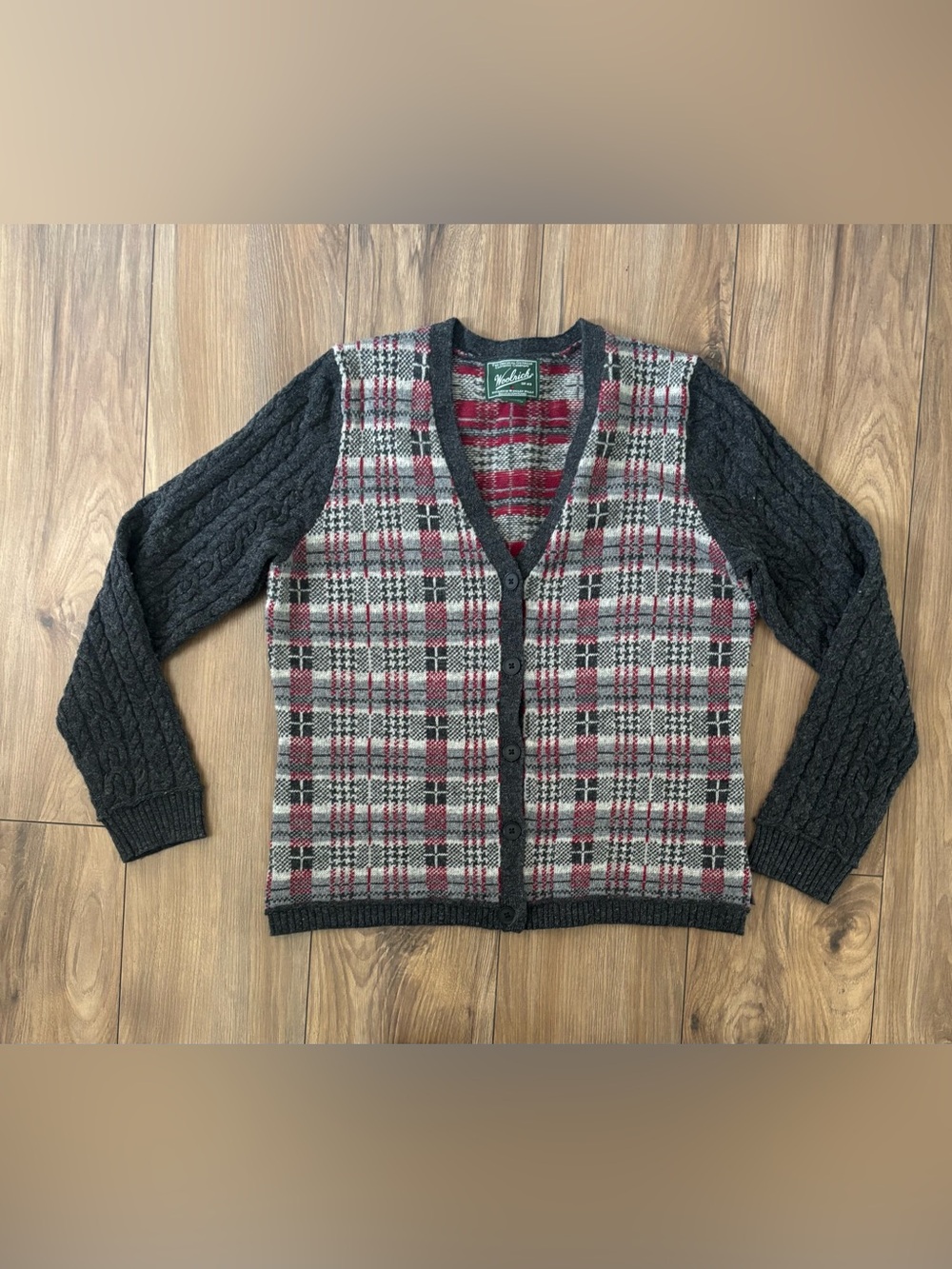 Woolrich V-neck Cable Knit Button Front Lambs’ Wool Cardigan